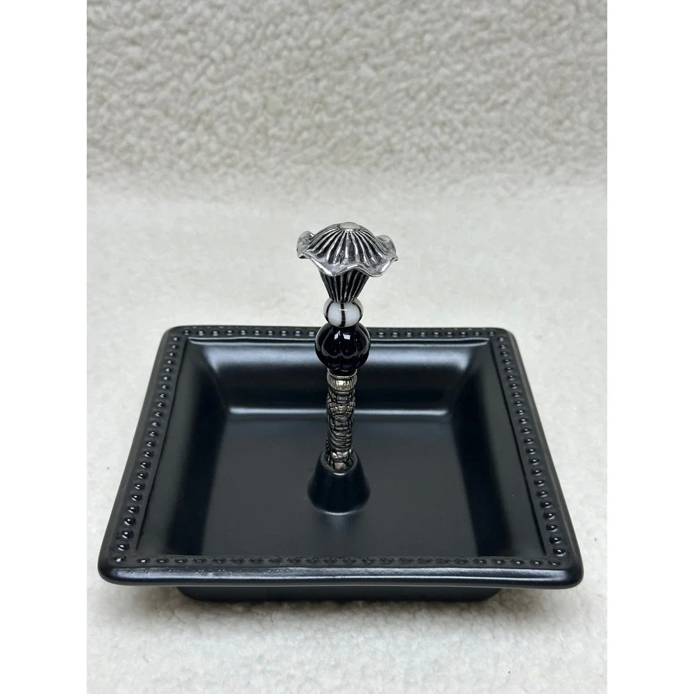 Mud Pie Trinket Candy Dish Black Beaded Ceramic Silver Spindle Glass Beads
